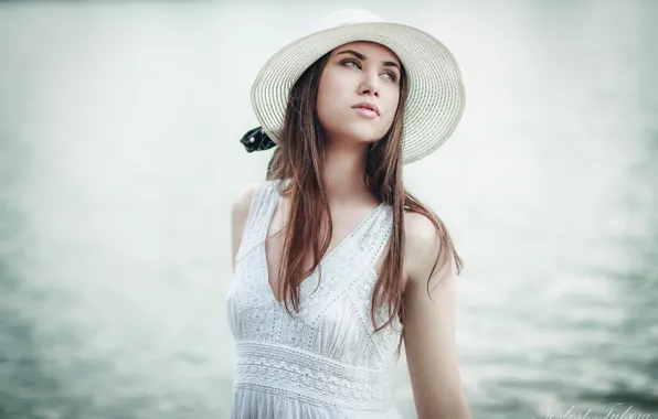 Pose, background, model, portrait, hat, makeup, dress, hairstyle