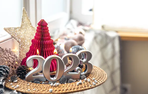 Balls, light, star, candles, window, Christmas, figures, New year