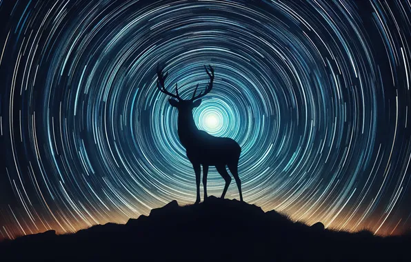 Silhouette, Deer, The night sky