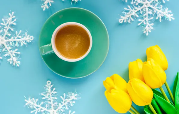Picture winter, snowflakes, background, blue, New Year, Christmas, Cup, tulips