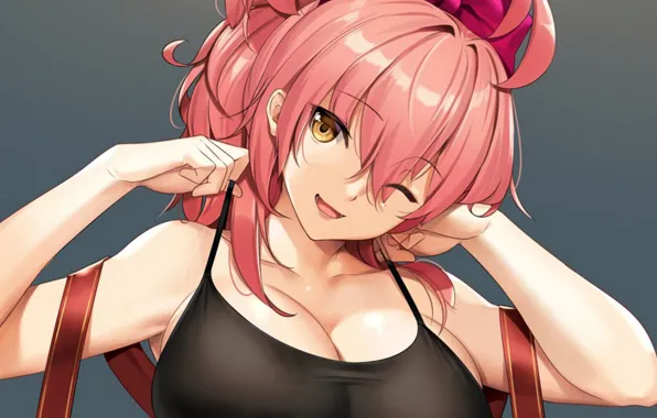 Girl, sexy, cleavage, pink hair, long hair, boobs, anime, beautiful