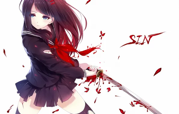 Picture girl, butterfly, blood, sword, art, white background, form, sin