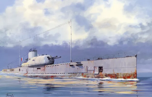 Water, boat, figure, art, underwater, The second world war, submarine, French
