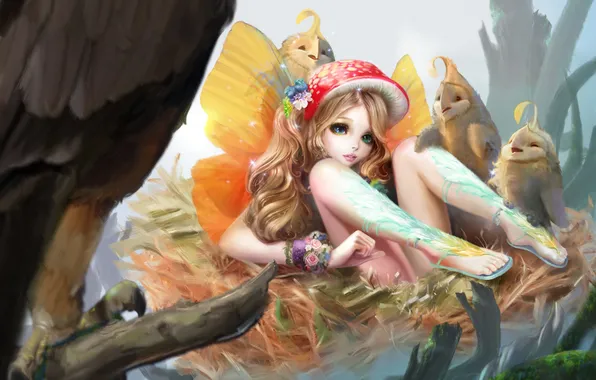 Picture birds, branches, wings, fairy, art, socket, girl