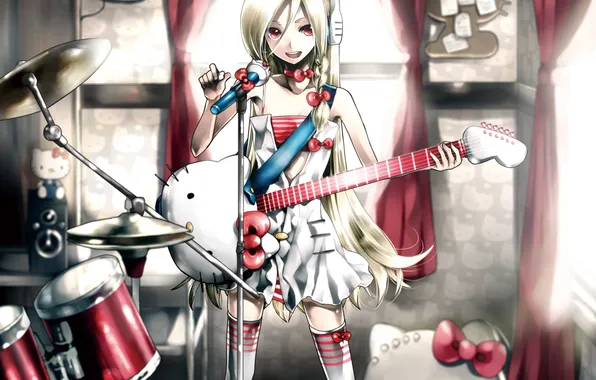 Picture girl, headphones, art, microphone, musical instruments, hello kitty, kei