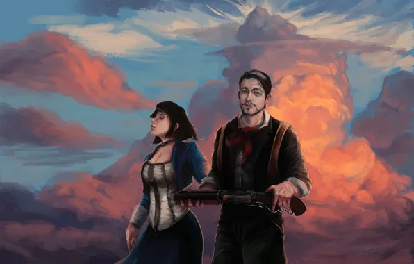 Picture the sky, clouds, bioshock, infinite, Elizabeth, Booker DeWitt