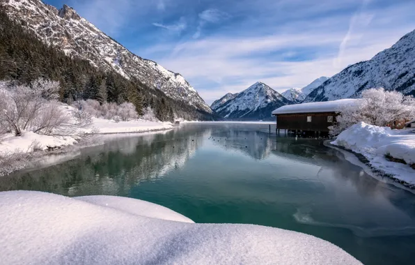 Winter, snow, mountains, lake, Austria, Alps, Austria, Alps