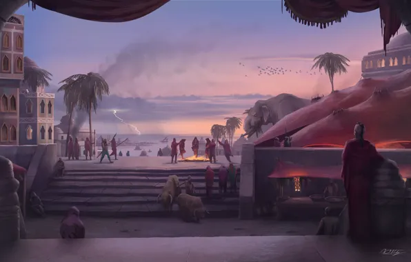 Animals, palm trees, people, shore, building, stage, dance before fire