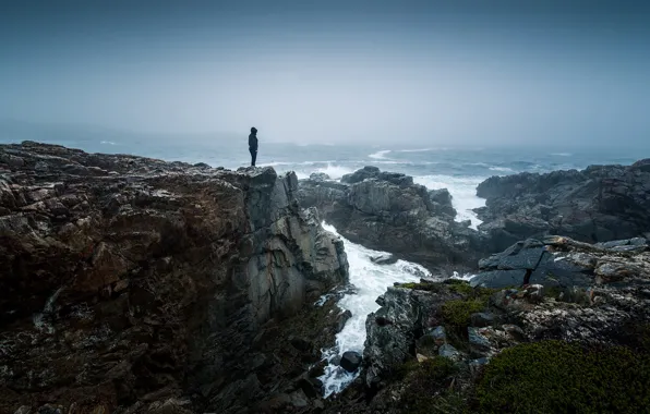 Girl, storm, sea, ocean, seascape, rocks, fog, mist