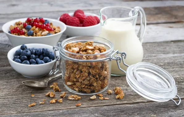 Raspberry, Breakfast, milk, pitcher, currants, blueberries, granola