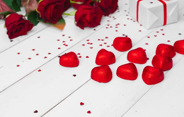Gift, roses, bouquet, candy, hearts, chocolate
