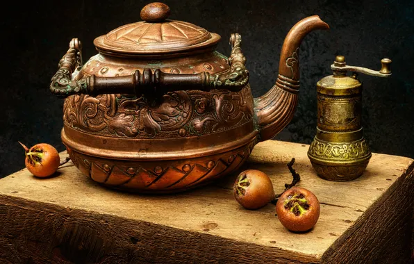 Kettle, fruit, still life
