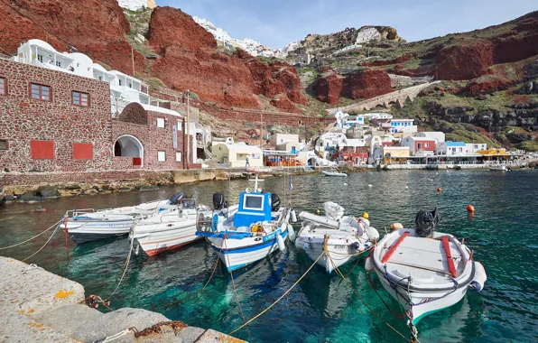 Picture coast, home, Bay, boats, Santorini, Greece, pier, Santorini