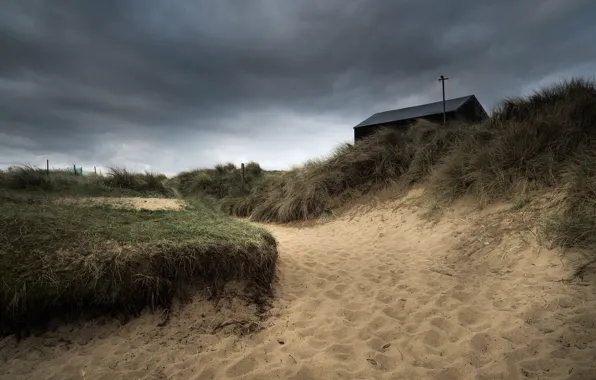 Picture sand, grass, landscape, clouds, nature, house, overcast, shore