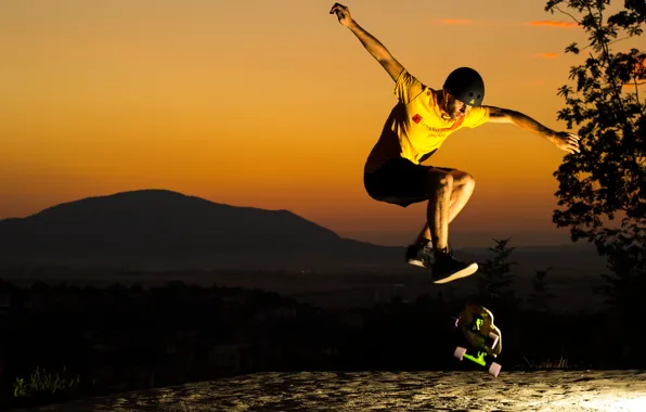 Sunset, jump, helmet, guy, skate