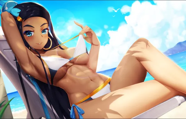 Picture beach, bikini, anime girls, Pokémon, dark skin, video game characters, pulling clothing, cropped