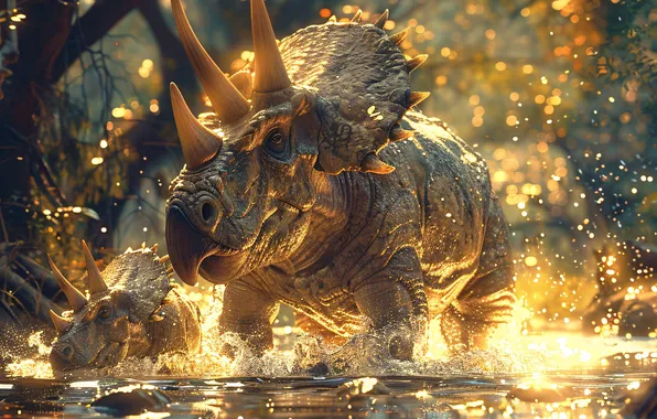Water, Trees, Cub, Two, Horns, Animals, Triceratops, Front