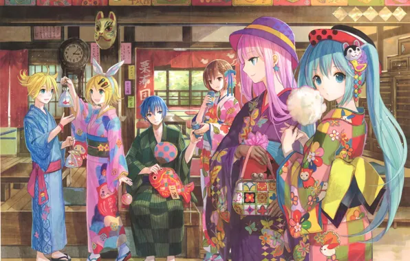 Summer, holiday, pattern, watch, hat, mask, kimono, vocaloid