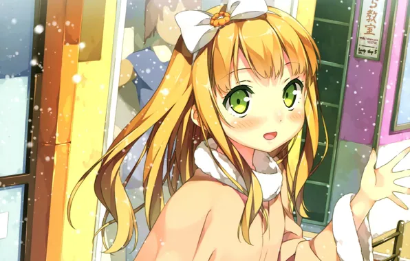 Picture snow, face, blush, fur, green eyes, showcase, bangs, ouji to warawanai neko