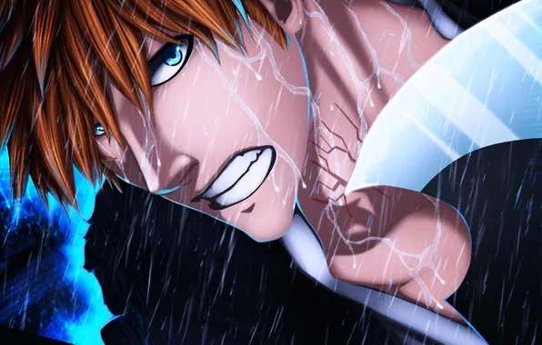 Emotions, rain, anger, art, guy, bleach, Kurosaki Ichigo, aleks-gold