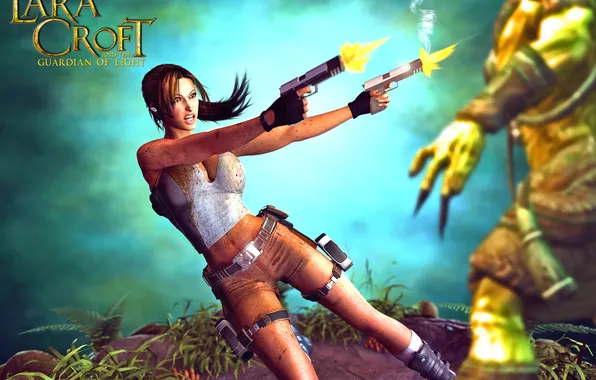 Picture look, girl, weapons, guns, shots, Lara Croft