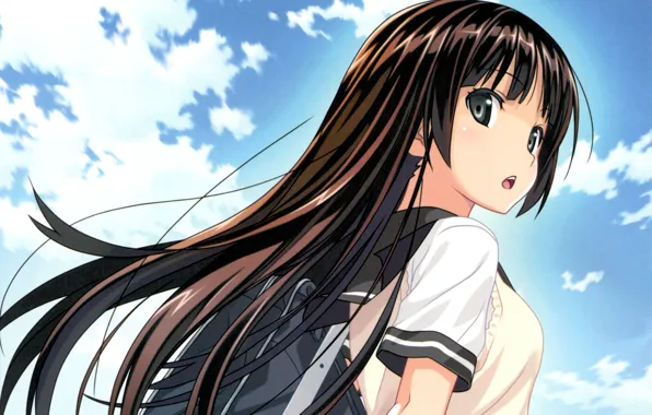 Schoolgirl, backpack, long hair, blue sky, sideways, by koutaro
