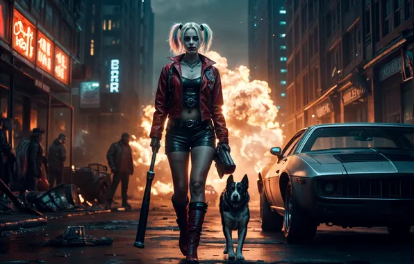 Girl, street, dog, cyborg, Harley Quinn, the image is generated by AI