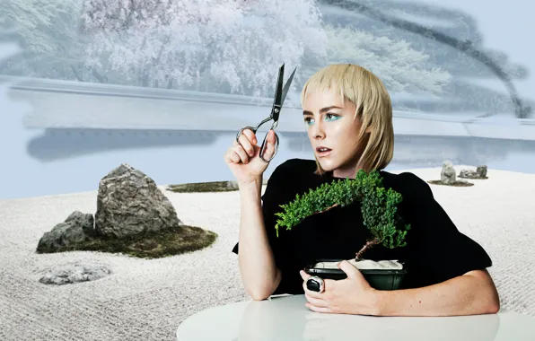 Table, background, plant, makeup, actress, hairstyle, blonde, scissors