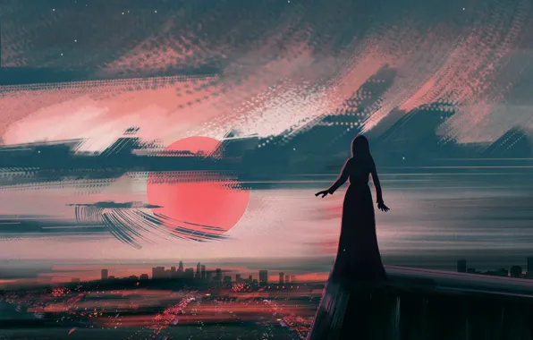Girl, sunset, background, dusk, photoshop, painting, digital art, illustration