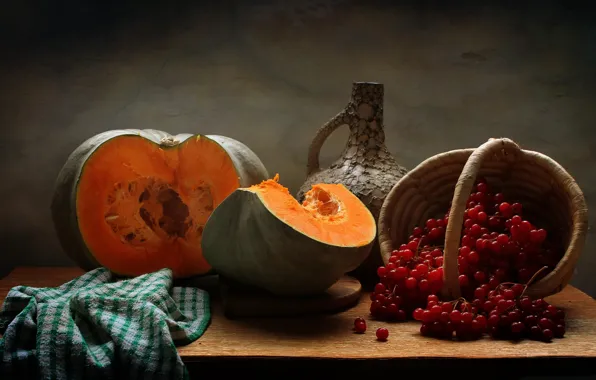Picture autumn, pumpkin, pitcher, still life, Kalina, November