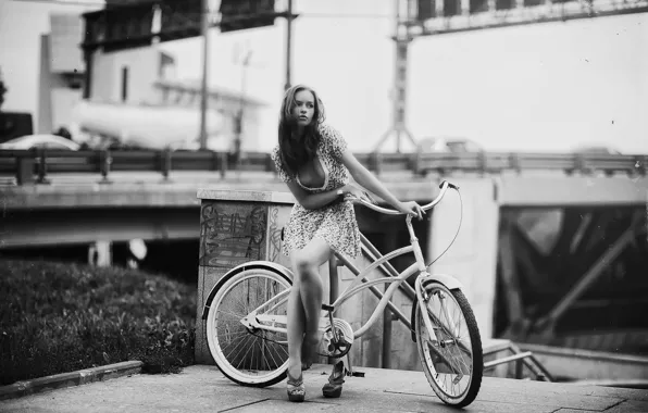 Picture girl, bike, scratches, retro style, Karen Abramyan