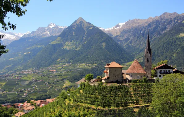 Mountains, valley, Italy, Church, panorama, Italy, Merano, Bolzano