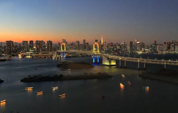 Tokyo, Japan, twilight, bridge, sunset, dusk, Rainbow Bridge, reflections