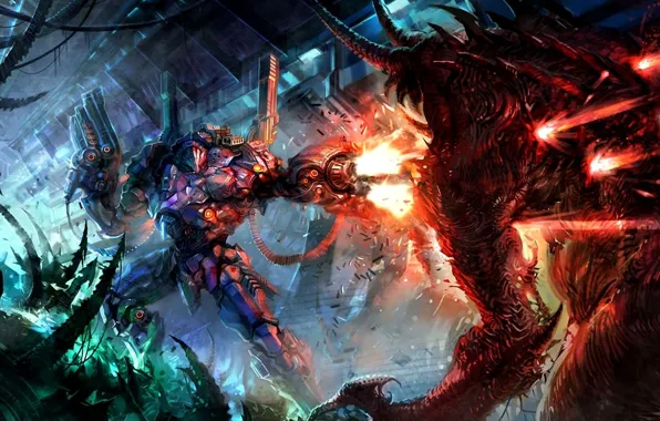 Picture robot, monster, battle