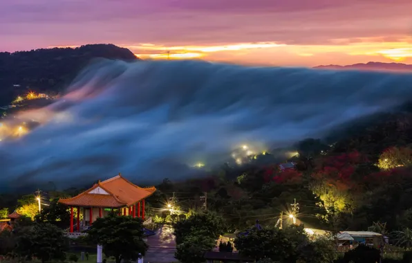 Light, lights, fog, the evening, morning, pagoda, Korea