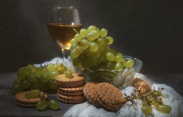 Light, table, wine, glass, cookies, grapes, stack, still life