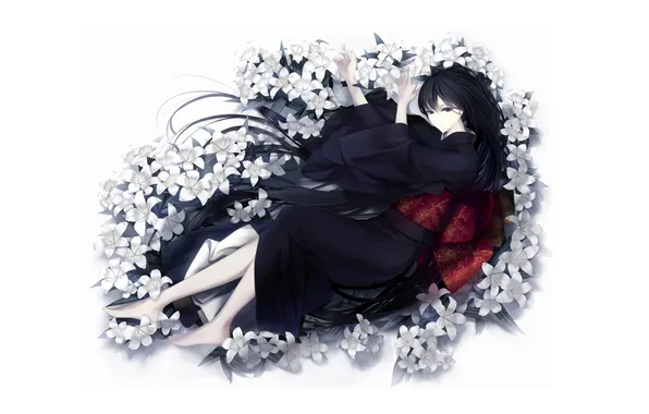 Flowers, Girl, white background, kimono, long hair