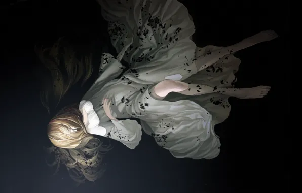 Picture white dress, lies, water, ash, knees, blonde