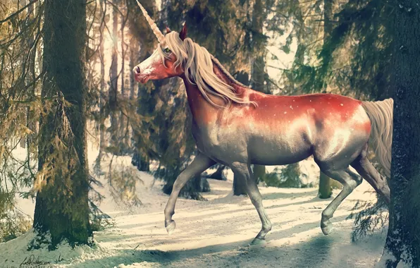 Winter, forest, nature, unicorn, fantasy, by i-mi