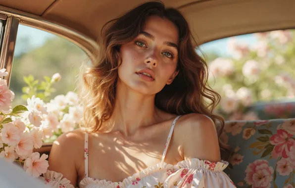 Flowers, Girl, Look, Salon, Hair, Car, Digital art, AI art