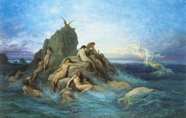 Sea, wave, the sky, clouds, rocks, picture, myth, Gustave Dore