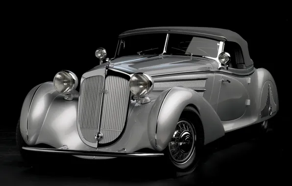 Picture retro, silver, Roadster, twilight, the front, 1938, beautiful car, Horch