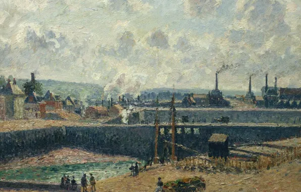 Smoke, picture, pipe, panorama, Camille Pissarro, Dieppe. Swimming Pool Of Dukes. Sun. Morning