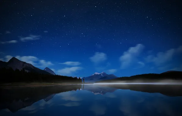 The sky, water, stars, mountains, night, lake, Canada, Park Jasper