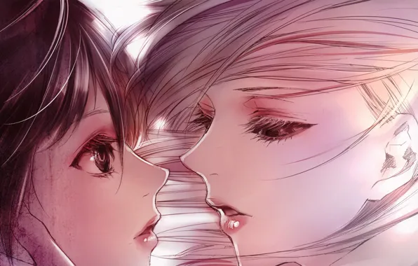 Close-up, figure, Girls, two, art, almost kiss, Kiyohara Hiro