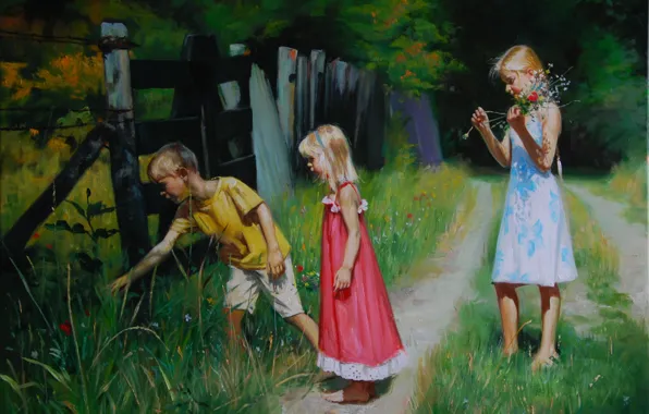 Wallpaper grass, flowers, children, girls, the fence, bouquet, boy ...