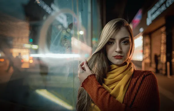 Look, night city, gesture, brown eyes, beautiful girl, brown eyes, charm, look