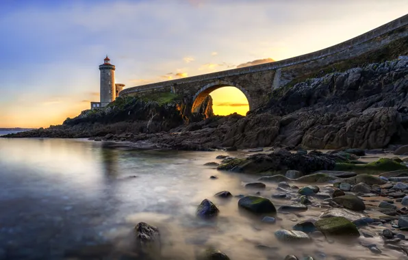 Picture sea, landscape, sunset, stones, shore, France, lighthouse, Brittany