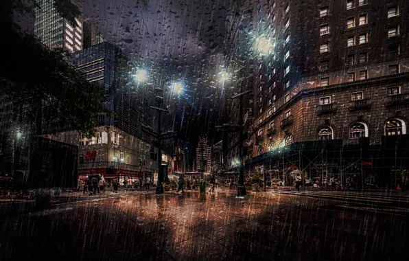 Picture drops, night, rain, New York