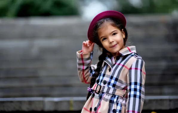 Picture girl, hat, child, pigtail, robe